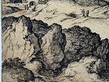 drawing of a landscape with a village in the distance and a person walking on a path