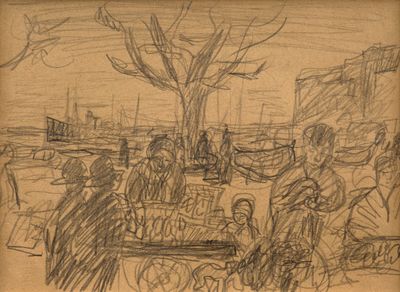 dessin représentant un groupe de personnes assises sur un banc dans un parc
