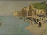 une peinture de personnes sur la plage au bord de l'eau