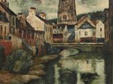 painting of a river running through a town with a church in the background