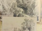 two drawings of people riding horses on a river