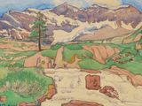 dessin représentant un tableau d'une montagne avec un ruisseau au premier plan