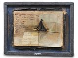 an old picture of a sailboat on a piece of paper in a wooden frame