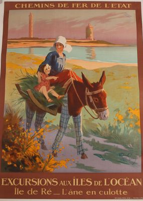 tableau représentant une femme et un enfant chevauchant un âne sur la plage