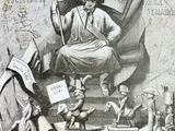 un dessin représentant un homme assis sur une chaise, tenant un drapeau