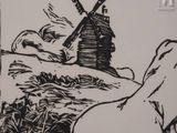 drawing of a man and a horse in a field with a windmill in the background