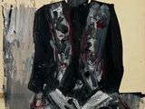 an image of a painting of a woman in a black and white outfit