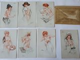 six vintage nudes of women in hats and hats on a table