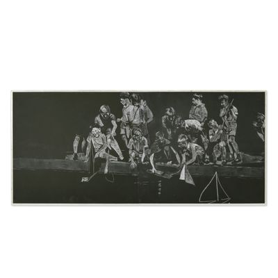 photographie en noir et blanc d'un groupe de personnes sur une scène