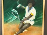 tableau représentant un joueur de tennis en train de frapper une balle avec sa raquette