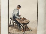 tableau représentant un homme assis sur un banc, en train d'écrire sur une feuille de papier
