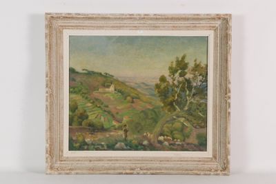 une peinture à l'huile représentant un paysage avec des arbres et des collines en arrière-plan