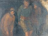 painting of a group of people in a cave with a dog on the ground