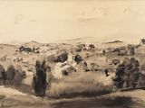 drawing of a landscape with trees and hills in the distance