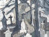un tableau représentant un groupe de personnes debout dans une forêt