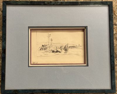 drawing of a boat in a body of water with a lighthouse in the background
