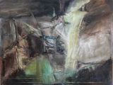 une peinture à l'huile représentant un homme debout dans une grotte d'où jaillit une cascade