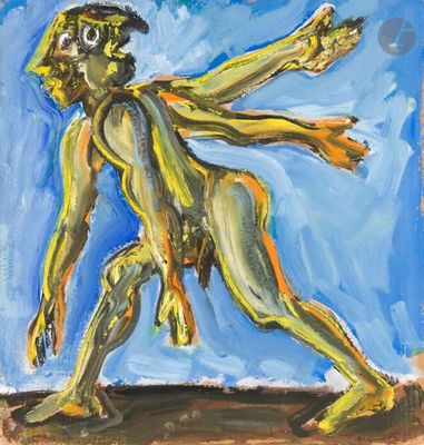 un tableau représentant un homme vêtu d'une tenue jaune et verte, tenant une batte de baseball