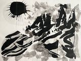 a black and white painting with a sun in the background