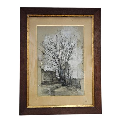 painting of a bare tree in front of a fence with a house in the background