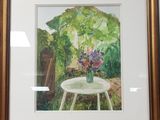 painting of a vase of flowers on a table in a room