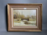 an oil painting of a bridge over a river in a gold frame