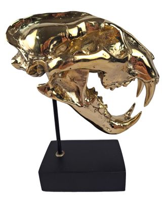 a close up of a gold skull on a black stand