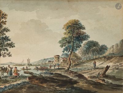 un tableau représentant un groupe de personnes au bord d'une rivière