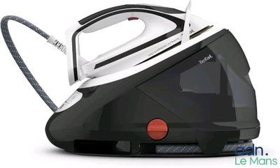 an image of a black and white steam iron on a white background