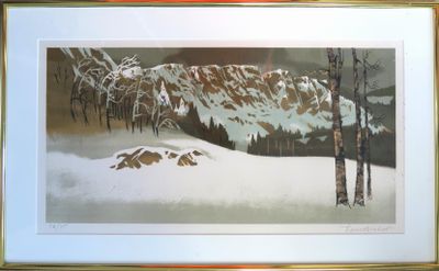 tableau représentant un paysage enneigé avec des arbres et une montagne en arrière-plan