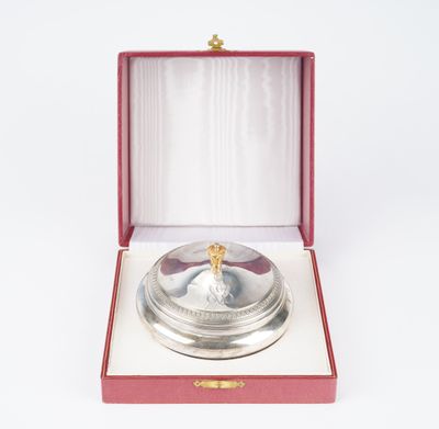 silver plated bell in a red box on a white background