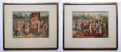 two framed pictures of a couple of paintings on a wall