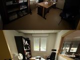 two pictures of a home office with a desk and a chair