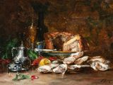 painting of a still life of oysters, a bottle of wine, and a plate of oysters