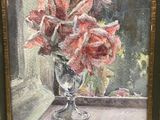 a painting of pink flowers in a glass vase on a window sill