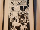 framed black and white drawing of a group of people in front of a building