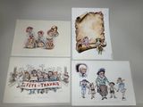 quatre cartes postales représentant des personnages de dessins animés avec un parchemin et un autre parchemin
