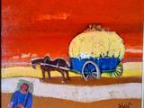 a painting of a wagon pulled by a horse drawn carriage