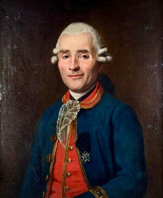 a painting of a man wearing a blue coat and red pants