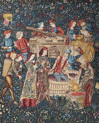 JP Paris, "Les vendanges", tapisserie de style médiéval, dat…