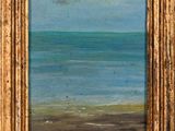 an oil painting of a beach scene in a gold frame