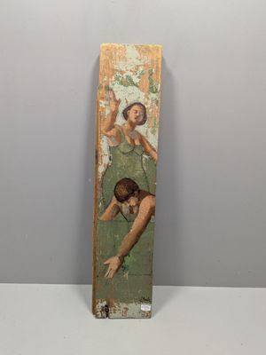 peinture représentant une femme en robe verte sur un morceau de bois
