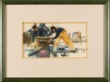 painting of two men working on a boat in the water