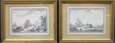 deux dessins encadrés représentant une ville et une rivière, dans un cadre doré