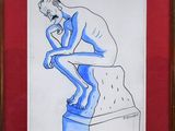 dessin représentant un homme assis sur un piédestal, la tête entre les mains