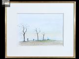 aquarelle encadrée représentant deux personnes marchant dans un champ parsemé d'arbres dénudés