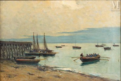une peinture représentant des bateaux sur l'eau près d'une jetée