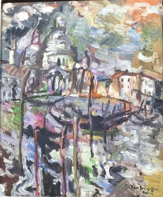an oil painting of a boat docked in a harbor with buildings in the background