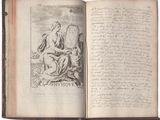 un livre ouvert sur lequel figure le dessin d'un homme assis sur un banc