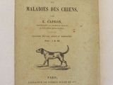 un vieux livre sur lequel figure un chien, posé sur une table